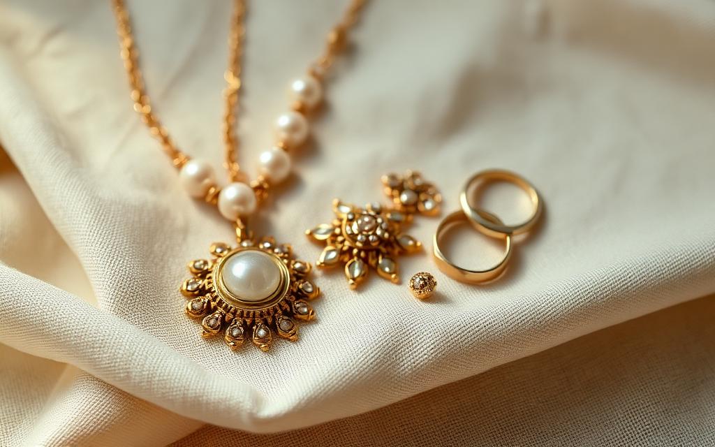 Geërfde sieraden zorgvuldig uitgestald op lichte stof